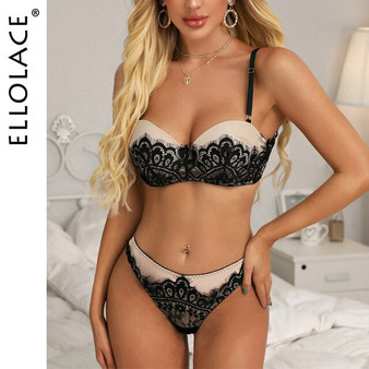 Ellolace Sexy Lace Underwear Set Women Lingerie Push up Bra Set Underwire Bra Party Set Half Cup Bra Lace Women's Underwear Set