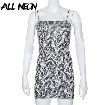 ALLNeon E-Girl Spaghetti Strap Zebra Printing Bodycon Mini Vintage Dresses Y2K Style Slash Neck Backless Cami Dress Streetwear