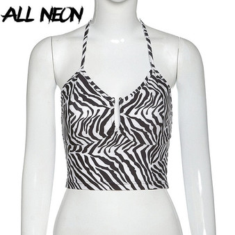 ALLNeon E-girl Style Zebra Printing Hollow Out Bandage Halter Tops Y2K Fashion Summer Backless Vneck Skinny Crop Top Punk Outfit