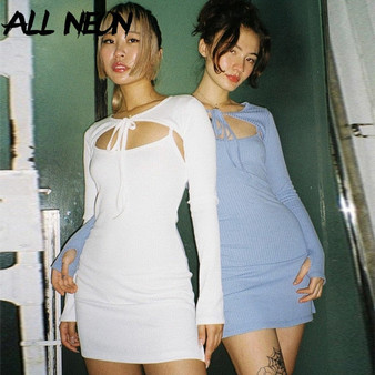 ALLNeon Y2K Fashion Solid Ribbed Cover and Cami Dresses E-girl Sweet Bandage Long Sleeve Bodycon Mini Dress Autumn White Vestido