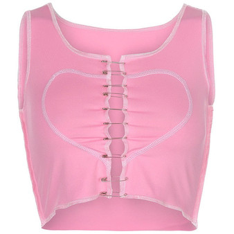 ALLNeon Y2K Aesthetics Pink Stitch Heart Sleeveless Tank Tops E-girl Summer O-neck Hollow Out Clips Crop Top Streetwear Punk Top