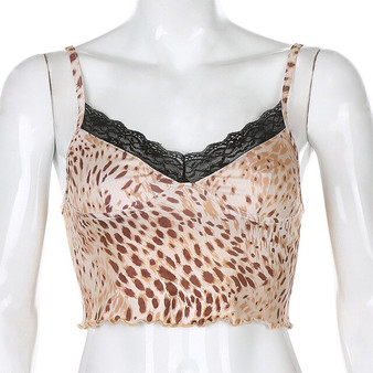 ALLNeon E-girl Style Leopard Printing Wild Camis Tops Punk Spaghetti Strap Lace Trim Crop Tops Streetwear Rave Outfits Fashion