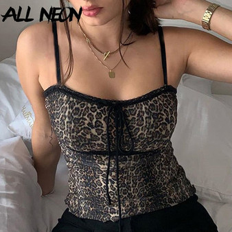 ALLNeon E-girl Vintage Leopard Print Bandage Lace Trim Cami Tops Wild Spaghetti Strap Backless Milkmaid Crop Top Streetwear Club