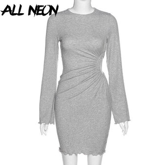 ALLNeon Y2K Fashion Hollow Out Ribbed Ruffles Hem Mini Dresses E-girl Sweet Solid O-neck Long Sleeve Casual Dresses Bodycon Grey