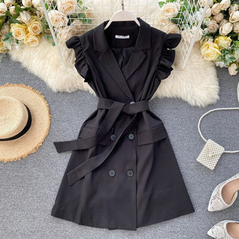 SINGRAIN Women Solid Sashes Dress Summer V Neck  Button Sleeveless A Line Dress French Style Elegant Office Dress 2020
