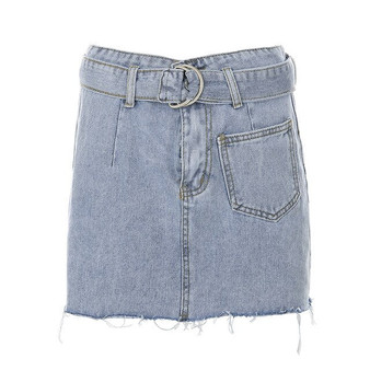 MIOFAR Vintage Denim Mini Skirt Women Highstreet Fashion Belt Pocket Short Skirt Lady High Waist A-Line Skirts Female Summer