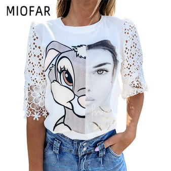 MIOFAR 2020 Summer Casual Female T-shirt Rabbit Printing Fashion White Loose Tops Women  Lace Cutout Sleeve O-Neck Tshirt Lady
