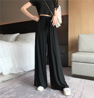 2 Piece Sets Womens Outfits Summer 2020 Female Set Stretch Slim Crop Top Wide Leg Pants Loose Casual High Waist Trousers Set