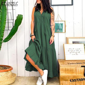 Bohemian Ruffle Dress Women's Summer Sundress ZANZEA 2020 Fashion V Neck Tunic Vestidos Female Solid Casual Beach Robe Femme 5XL