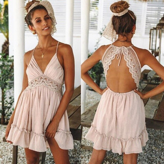 MIOFAR Lace Mini Dress V Neck Sexy Casual Sleeveless Backless Strap Ruffle Dresses Beach Hollow Out Party Fashion Vintage Dress