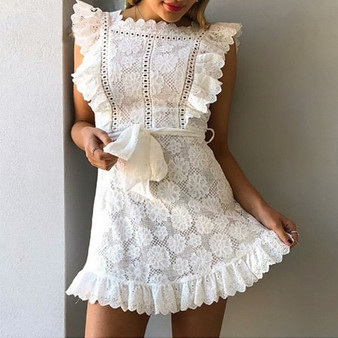 Elegant Embroidery Lace Women Dress Hollow Out Sashes Ruffle White Dress Slim Sexy Party Lady Dress Vestidos Summer Sundress