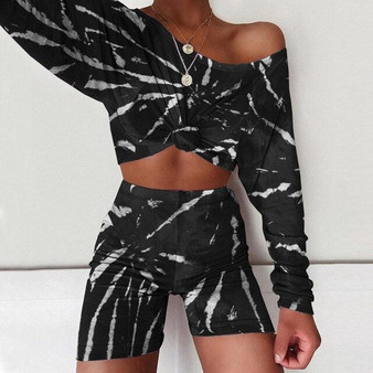 Cryptographic Tie Dye Fashion T-Shirts and Shorts Two Piece Set Outfits Long Sleeve Tops Matching Sets High Waist Biker Shorts