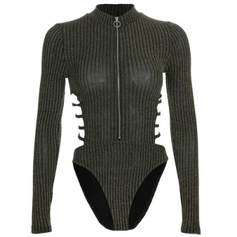 Weekeep Sexy Bodycon Hollow Out Long Sleeve Bodysuit High Street Front Zipper Backless Bodysuits 2019 Spring Autumn Romper Women