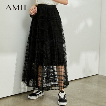 AMII Minimalism Spring Summer Lace Women Dress Causal High Waist Loose Black Female Dress 12080049