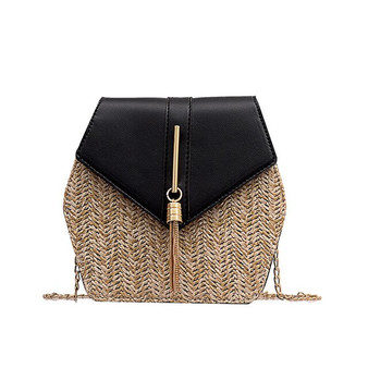 Hexagon Style Straw+leather Handbag Women Summer Rattan Bag Handmade Woven Beach Shoulder Bag New Fashion Women's Bag