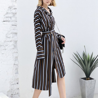 Amii Minimalism Spring Summer Lapel Stripe Dress Women Causal High Waist With Belt Dress 11840118
