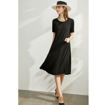 AMII Minimalism Spring Summer Daily Solid Oneck Loose Women Dress Causal Short Sleeve Knee-length Female Dress 12030162