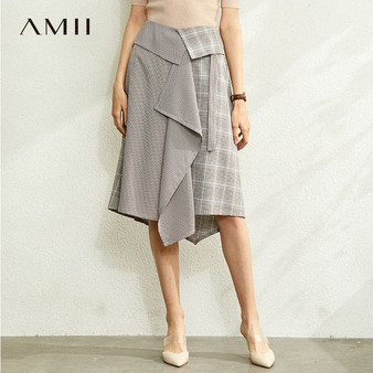 Amii Minimalist Irregular Plaid Paneled Skirt Women Spring Fashion High Waist Female Casual Skirt 12070048