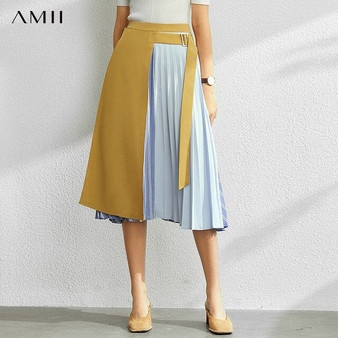 AMII Minimalism Fashion Splice Denim Skirt Spring Summer Women's skirt High Waist Pleated Female Skirt 11970291