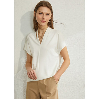 AMII Minimalism Spring Summer Chiffon Solid Vneck Loose Women Blouse Causal Daily Short Sleeves Female Blouse 12060068