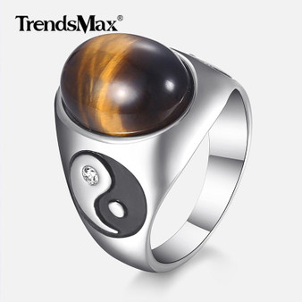 Bezel Setting Tiger Eye Stone Men's Ring 316L Stainless Steel Ring Chinese Yin Yang Tai Chi Vintage Jewelry Gift for Men HR437