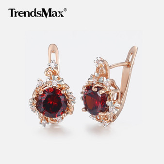 Round Red Cubic Zircon Earrings For Women 585 Rose Gold Women's Earrings Woman Party Wedding Jewelry Valentines Gifts KGE176