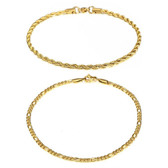 Gold Color Stainless Steel 2Pcs/Set Anklet Chains for Women Simple Anklets Summer Beach Foot Jewelry Friendship Leg Chain KAM01B
