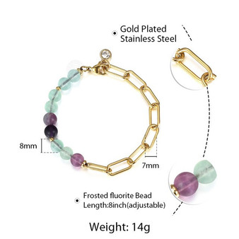Frosted Fluorite Beads Rolo Box Chain Bracelet Women Stainless Steel Rectangle Chain Birthstone Charm Length Adjustable DB295