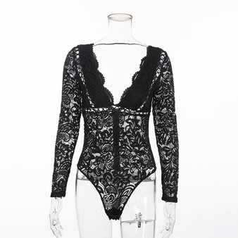 Cryptographic Hot mesh lace bodysuit women body suit hollow out sexy long sleeve jumpsuit romper 2020 deep v bodysuits catsuit