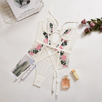 Cryptographic Floral Embroidery Straps Lace Bodysuits Party Club Women Sexy Strappy Cut-Out Underwire Backless Summer Bodysuit