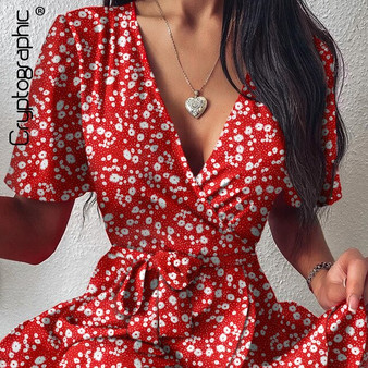 Cryptographic Floral Print Red Sexy V-Neck Wrap Mini Dresses for Women Holiday Summer Sundress Short Sleeve Party Dress