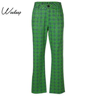 Weekeep High Waist Plaid Pants Women Green Streetwear Straight Trousers 2019 Fashion Button Women Pants