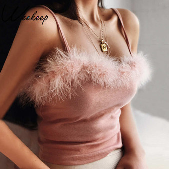 Weekeep Sexy Faux Fur Cropped Camisole Women Sleeveless Backless Pink Knitted Tank Top Summer Bralette Feminino Cami Crop Top