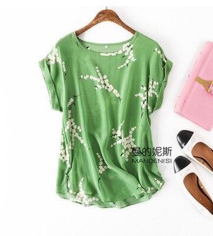 Summer new arrive high quality plus size 100% silk printed lady blouse short sleeved