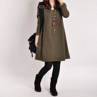 Women Dresses With Pocket Solid Color Long Sleeve V Neck Loose Casual Autumn Winter Dress Plus Size JAN88