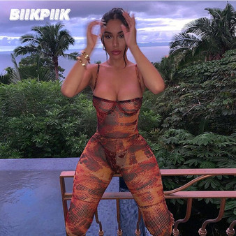 BIIKPIIK Hollow Out See Through Sexy Jumpsuits Clubwear Print Bodycon Bodysuits Long Pants Jumpsuit Casual Fashion Overalls