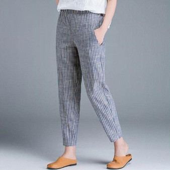 F&je New Arrival Summer Women Pants Plus Size Korea Fashion High Waist Thin Casual Harem Pants Striped Cotton Linen Trousers D45