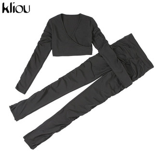 Kliou Stacked Casual Sporty Workout Matching Sets Women V-Neck Long Sleeve Active Wear Two Piece Outfits Crop Top And Pants Set