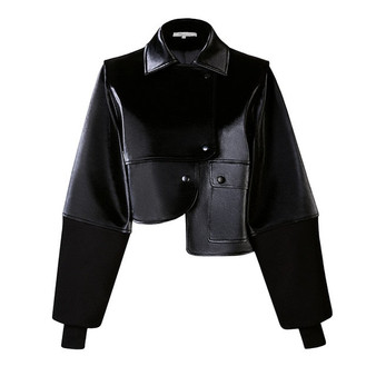 [EAM] Loose Fit Black Asymmetrical Pu Leather Jacket New Lapel Long Sleeve Women Coat Fashion Tide Spring Autumn 2020 1H079