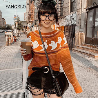 Yangelo Gothic Ghost Pattern Sweater Women Knit Top Loose Long Sleeves Warm Autumn Winter Streetwear Fashion Girl Pullover 2020