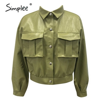 Simplee Casual faux leather jacket women Fashion green motorcycle pocket female leather coat High street short ladies jackets