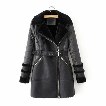 Wixra New Fashion Faux Leather Jackets With Sashes Lady Thick Warm Coats With Fur Autumn Winter Pockets PU Street Long Coats
