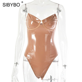 Sibybo Strapless PU Leather Sexy Bodysuit Women Off Shoulder Skinny Summer Women Rompers Backless Beach Casual Women Jumpsuit