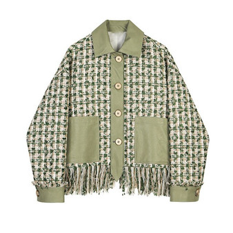 [EAM] Loose Fit Green Plaid Tassels Pu Leather Jacket New Lapel Long Sleeve Women Coat Fashion Tide Spring Autumn 2020 1Z239