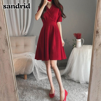 sandrid 2020 new summer ladies V-neck office lady slim elegant dress women plus size red banquet dress M-4XL