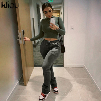 Kliou Soild Autumn Women Stacked Pencil Pants Hot Pockets Drawstring Casual Sporty Trousers Workout Fitness Streetwear Fashion