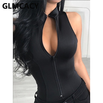 Women Zipper Front Solid Sleeveless Rompers Bodysuit Plunge Sleeveless Sexy Solid Playsuit