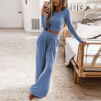 Women Casual Knitted Rib Two-Piece Sets 2020 Autumn Ladies Long Sleeves Tops&Long Pants Elegant O-Neck Solid Color Leisure Suit
