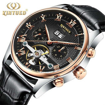 Kinyued Skeleton Watch Men Automatic Waterproof Top Brand Mens Mechanical Watches Leather Calendar Rose Gold Relogio Masculino