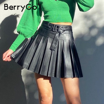 BerryGo High Waist PU Mini Sexy Skirt New Fashion Women's Wear Leather Autumn Winter Skirt A-line Pleated Black Sashes Skirts